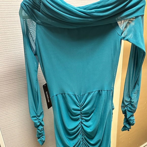 Bebe Off Shoulder Asymmetrical Mesh Gown - Picture 5 of 7